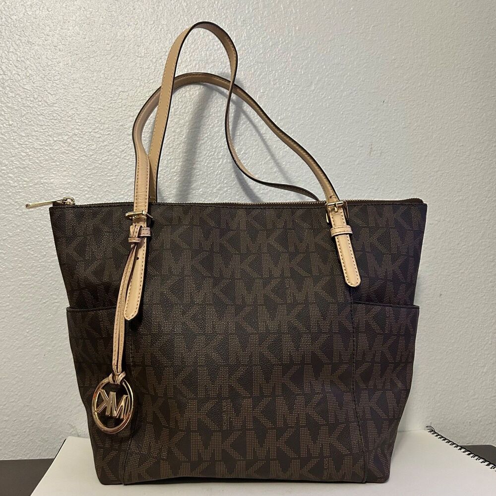 Michael Kors Jet Set Travel Tote Bag MK Logo Monogram Brown Zip Top Shoulder Pur